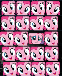 Size: 403x487 | Tagged: safe, derpibooru import, pinkie pie, earth pony, pony, crying, ears, floppy ears, hi anon, looking at you, meme, multeity, one of these things is not like the others, open mouth, open smile, sad, smiling, smiling at you, teary eyes, too much pink energy is dangerous