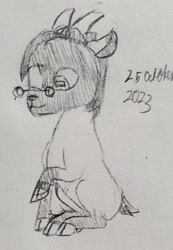 Size: 1789x2585 | Tagged: safe, artist:mannitenerisunt, derpibooru exclusive, derpibooru import, oc, oc only, oc:immanuel, goat, 2023, cloven hooves, glasses, horns, pencil drawing, raised hoof, raised leg, rectangular pupil, sitting, sketch, traditional art