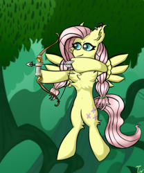 Size: 5000x6000 | Tagged: safe, artist:twinky, derpibooru import, fluttershy, pegasus, pony, g4, alternate hairstyle, arrow, belly, belly button, bipedal, bow (weapon), chest fluff, ear fluff, ears, female, forest, mare, nature, outdoors, solo, spread wings, tree, wings