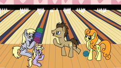 Size: 1920x1080 | Tagged: safe, artist:platinumdrop, derpibooru import, carrot top, derpy hooves, dinky hooves, doctor whooves, golden harvest, earth pony, pegasus, pony, bowling, bowling alley, bowling ball, bowling pin, commission, female, happy, indoors, male, mare, mother and child, mother and daughter, open mouth, open smile, parent and child, raised hoof, raised leg, smiling, stallion