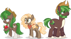 Size: 1920x1059 | Tagged: safe, artist:cirillaq, derpibooru import, oc, oc only, oc:apple cider, oc:green pom, oc:sweet apple, earth pony, apple, female, food, male, mare, scar, simple background, stallion, transparent background, trio