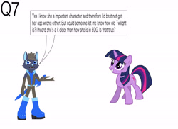 Size: 4495x3266 | Tagged: safe, artist:star153, derpibooru import, screencap, twilight sparkle, alicorn, anthro, unicorn, wolf, age, ask, blue, brown, clothes, dark blue, gloves, hair, horn, long gloves, purple, question, solo, sonic oc, sword, time, weapon