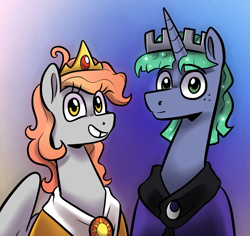 Size: 1883x1778 | Tagged: safe, artist:smirk, derpibooru import, oc, oc only, oc:morning dew, oc:stalwart, pegasus, unicorn, cousins, duo, freckles, gradient background, horn, jewelry, magical lesbian spawn, offspring, parent:derpy hooves, parent:princess celestia, parent:princess luna, parent:stygian, parents:derpylestia, parents:styuna, regalia