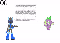 Size: 4495x3266 | Tagged: safe, artist:star153, derpibooru import, screencap, spike, dragon, g4, ask, blue, brown, dead parents, ears, family, green, hair, purple, question, simple background, solo, sonic oc, sword, weapon, white background, winged spike, wings