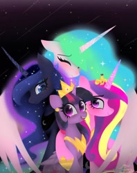 Size: 1620x2048 | Tagged: safe, artist:petaltwinkle, derpibooru import, princess cadance, princess celestia, princess luna, twilight sparkle, twilight sparkle (alicorn), alicorn, pony, g4, alicorn tetrarchy, female, hug, mare, royal family, royal sisters, siblings, sisters, smiling