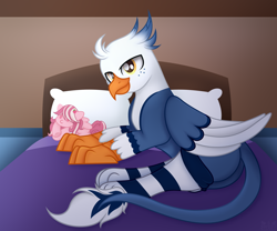 Size: 3000x2500 | Tagged: safe, derpibooru import, oc, oc only, oc:windchaser, griffon, bed, clothes, golden eyes, griffon oc, indoors, lying down, male, pillow, plushie, socks, solo