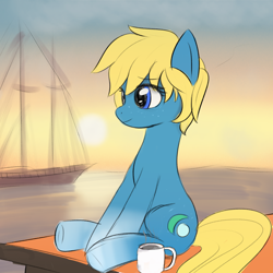 Size: 2000x2000 | Tagged: safe, artist:boggy, derpibooru import, oc, oc only, oc:tidal drift, blonde, blonde hair, blue coat, blue eyes, coffee, coffee mug, curly hair, curly mane, female, freckles, mug, ocean, outdoors, short mane, sitting, sunset, water