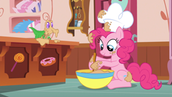 Size: 1920x1080 | Tagged: safe, derpibooru import, screencap, gummy, pinkie pie, alligator, earth pony, pony, g4, the lost treasure of griffonstone, batter, bowl, chef's hat, food, hat, indoors, mixing bowl