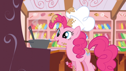 Size: 1920x1080 | Tagged: safe, derpibooru import, screencap, pinkie pie, earth pony, pony, g4, season 5, the lost treasure of griffonstone, batter, bowl, chef's hat, female, food, hat, indoors, mare, mixing bowl, solo