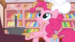 Size: 1920x1080 | Tagged: safe, derpibooru import, screencap, gummy, pinkie pie, earth pony, pony, g4, season 5, the lost treasure of griffonstone, batter, bowl, chef's hat, food, hat, indoors, mixing bowl, solo