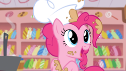 Size: 1920x1080 | Tagged: safe, derpibooru import, screencap, pinkie pie, earth pony, pony, g4, season 5, the lost treasure of griffonstone, batter, bowl, chef's hat, food, hat, indoors, mixing bowl, solo