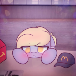 Size: 2664x2664 | Tagged: safe, artist:sodapop sprays, derpibooru import, derpy hooves, pegasus, pony, series:derpy can't catch a break, blushing, cute, ears, floppy ears, hat, mcdonald's, mcdonald's happy meal toys, sad, sadorable, solo, tired, toy