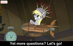 Size: 1920x1207 | Tagged: safe, derpibooru import, derpy hooves, pegasus, comic:celestia's servant interview, g4, slice of life (episode), caption, cs captions, cute, derpabetes, female, grin, happy, helmet, indoors, interview, laboratory, mare, playful, smiling, text