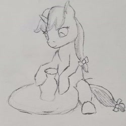 Size: 1902x1903 | Tagged: safe, artist:mannitenerisunt, derpibooru exclusive, derpibooru import, oc, oc only, oc:terracotta light, pony, unicorn, arts and crafts, bow, cute, female, filly, foal, hair bow, horn, pencil drawing, pottery, pottery wheel, sitting, sketch, solo, tail, tail bow, traditional art