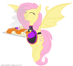 Size: 1188x1080 | Tagged: safe, artist:earthquake87, derpibooru import, fluttershy, bat pony, pony, g4, apron, bat ponified, bat wings, clothes, cooking, cute, eyes closed, flutterbat, oven mitts, pumpkin, race swap, simple background, smiling, solo, spread wings, steam, transparent background, tray, wings