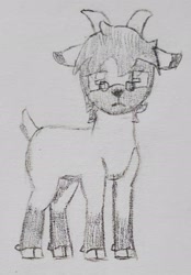 Size: 1354x1940 | Tagged: safe, artist:mannitenerisunt, derpibooru exclusive, derpibooru import, oc, oc only, oc:immanuel, goat, cloven hooves, ears, floppy ears, glasses, goat oc, horns, looking at you, non-pony oc, rectangular pupil, solo, standing