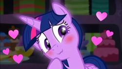 Size: 1920x1080 | Tagged: safe, derpibooru import, edit, edited screencap, screencap, twilight sparkle, twilight sparkle (alicorn), alicorn, pony, g4, party pooped, :3, blushing, female, heart, indoors, mare, party cave, smiling, solo