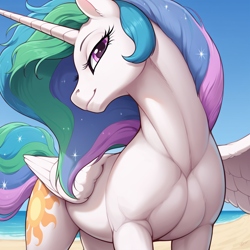 Size: 1024x1024 | Tagged: safe, ai content, derpibooru import, machine learning generated, princess celestia, alicorn, pony, g4, anonymous prompter, beach, female, head turn, lidded eyes, looking at you, looking sideways, mare, missing accessory, muscles, one wing out, outdoors, profile, smiling, smiling at you, solo, three quarter view, toned, toned female, wings