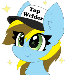 Size: 2478x2665 | Tagged: safe, artist:pegamutt, derpibooru import, oc, oc only, oc:lucky bolt, pegasus, pony, bust, chest fluff, commission, cute, ear fluff, ears, eyelashes, female, green eyes, happy, hat, simple background, smiling, solo, transparent background, two toned mane, welder, ych result