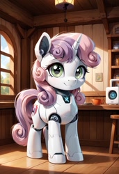 Size: 800x1169 | Tagged: safe, ai content, derpibooru import, generator:pony diffusion v6 xl, generator:stable diffusion, machine learning generated, sweetie belle, sweetie bot, pony, robot, robot pony, unicorn, g4, female, filly, foal, gynoid, horn, indoors, looking at you, prompter:gregorymars, roboticization, smiling, smiling at you, solo