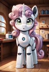 Size: 800x1169 | Tagged: safe, ai content, derpibooru import, generator:pony diffusion v6 xl, generator:stable diffusion, machine learning generated, sweetie belle, sweetie bot, pony, robot, robot pony, unicorn, g4, :o, female, filly, foal, gynoid, horn, indoors, open mouth, prompter:gregorymars, roboticization, solo