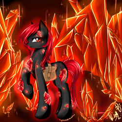 Size: 3000x3000 | Tagged: safe, artist:spidershii, derpibooru import, oc, oc only, oc:ruby aegis, crystal pony, pony, bag, crystal, female, high res, mare, raised hoof, raised leg, saddle bag, solo