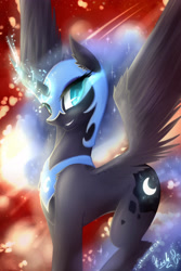 Size: 2000x3000 | Tagged: safe, artist:spidershii, derpibooru import, nightmare moon, alicorn, pony, g4, concave belly, female, helmet, high res, horn, looking at you, magic, mare, slit eyes, smiling, smirk, solo, spread wings, wings