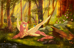 Size: 4000x2588 | Tagged: safe, artist:aquagalaxy, derpibooru import, fluttershy, bird, pegasus, pony, g4, beautiful, female, flower, forest, grass, lying down, mare, nature, outdoors, prone, scenery, smiling, solo, spread wings, tail, tree, wings