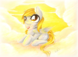 Size: 2295x1691 | Tagged: safe, artist:spidershii, derpibooru import, derpy hooves, pegasus, pony, g4, cloud, ear fluff, ears, envelope, eye clipping through hair, female, folded wings, holiday, letter, looking up, lying down, lying on a cloud, mare, mouth hold, on a cloud, outdoors, prone, solo, tail, traditional art, valentine's day, wings