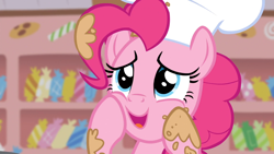 Size: 1920x1080 | Tagged: safe, derpibooru import, screencap, pinkie pie, earth pony, pony, g4, season 5, the lost treasure of griffonstone, batter, chef, chef's hat, female, food, hat, hooves on face, indoors, kitchen, mare, solo, sugarcube corner