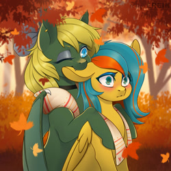 Size: 2000x2000 | Tagged: safe, alternate version, artist:erein, derpibooru import, oc, oc only, oc:midnight lightning, oc:ocean breeze, bat pony, pegasus, pony, autumn, bat pony oc, biting, blushing, bow, choker, clothes, commission, duo, ear bite, ear piercing, earring, ears up, eyeshadow, female, forest, hair bow, high res, jewelry, leaves, makeup, mare, nature, oc x oc, outdoors, park, pegasus oc, piercing, scarf, shipping, smiling, tree, ych result