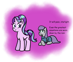 Size: 1492x1269 | Tagged: safe, artist:zoeyhorse, derpibooru import, maud pie, starlight glimmer, earth pony, pony, unicorn, g4, crossed hooves, dialogue, duo, duo female, female, frown, horn, lying down, mare, partially transparent background, positive message, positive ponies, prone, sad, simple background, standing, transparent background