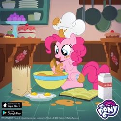 Size: 1080x1080 | Tagged: safe, derpibooru import, pinkie pie, earth pony, batter, book, bowl, cake, egg, food, gameloft, hat, kitchen, milk, milk carton, mixing bowl, solo, sugarcube corner, toque