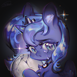 Size: 1500x1500 | Tagged: safe, artist:flesh, artist:fleshbd99, derpibooru import, princess luna, alicorn, pony, g4, :t, ball, black background, broken, chest fluff, chromatic aberration, crown, crying, cute, female, filly, foal, gradient background, holding, jewelry, looking at you, lunabetes, mare, regalia, s1 luna, signature, simple background, solo, sparkles, upper body, woona, younger