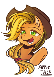 Size: 1482x2107 | Tagged: safe, artist:89987259, derpibooru import, applejack, earth pony, pony, :d, bust, female, hat, mare, open mouth, open smile, simple background, smiling, solo, text, white background