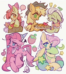 Size: 3300x3700 | Tagged: safe, artist:yanyannonoz, derpibooru import, apple bloom, applejack, fluttershy, granny smith, pinkie pie, scootaloo, sweetie belle, earth pony, pegasus, pony, unicorn, :d, apple, blush sticker, blushing, bow, cutie mark crusaders, female, food, hair bow, hat, horn, mare, neckerchief, open mouth, open smile, party hat, pie, pillow, pinkamena diane pie, simple background, smiling, speech bubble, unshorn fetlocks, white background