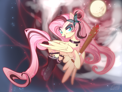 Size: 4000x3000 | Tagged: safe, artist:flesh, derpibooru import, fluttershy, pegasus, pony, baseball bat, blood, butterfly hairpin, clothes, female, gradient background, lingerie, looking at you, mare, moon, nail bat, nails, night, socks, solo, thigh highs, two toned mane