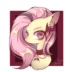 Size: 2000x2000 | Tagged: safe, artist:flesh, derpibooru import, fluttershy, bat pony, pony, bat hairclip, bat ponified, bust, choker, cross, cross necklace, female, flutterbat, jewelry, mare, necklace, passepartout, portrait, race swap, smiling, solo, text, two toned mane