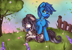 Size: 2360x1640 | Tagged: safe, artist:kristina, derpibooru import, oc, oc only, pegasus, pony, commission, couple, cute, duo, fence, flower, leaves, tree, ych result