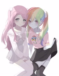 Size: 2264x2932 | Tagged: safe, artist:cc22_m, derpibooru import, fluttershy, rainbow dash, human, equestria girls, g4, blushing, bowtie, clothes, collarbone, collared shirt, dress, duo, duo female, female, flutterdash, lesbian, long sleeves, looking at you, pigtails, pleated skirt, schrödinger's pantsu, shipping, shirt, simple background, sitting, skirt, skirt lift, smiling, socks, t-shirt, text, thigh highs, twintails, white background, zettai ryouiki