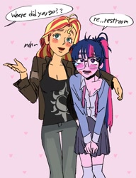 Size: 1383x1802 | Tagged: safe, artist:ridovax, derpibooru import, sci-twi, sunset shimmer, twilight sparkle, equestria girls, g4, bags under eyes, clothes, cutie mark on clothes, dialogue, duo, duo female, female, kiss mark, kiss on the lips, kissing, lesbian, lipstick, open clothes, sci-twishimmer, shipping, sunsetsparkle