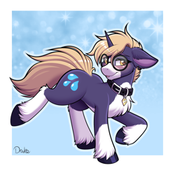 Size: 1500x1500 | Tagged: safe, artist:drako1997, derpibooru import, oc, oc only, oc:dean (drako1997), pony, unicorn, g4, blushing, butt, collar, digital art, glasses, horn, male, plot, ponified, solo, species swap, tail