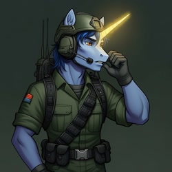 Size: 1024x1024 | Tagged: safe, ai content, derpibooru import, machine learning generated, hoo'far, anthro, unicorn, backpack, bandolier, breaker, clothes, cosplay, costume, g.i. joe, generator:google imagen 3.0, gloves, glowing, glowing horn, gradient background, headphones, headset, helmet, horn, male, microphone, military uniform, prompter:zerowinger, radio, radioman, solo, uniform