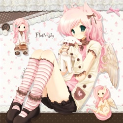 Size: 2048x2048 | Tagged: safe, artist:bonnybel_, derpibooru import, fluttershy, anthro, pegasus, pony, 2000s, anime style, bow, chibi, clothes, green eyes, hair bow, holding, kneesocks, looking at you, lying down, on side, pink hair, plushie, shirt, shoes, sitting, socks