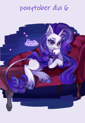 Size: 1984x2880 | Tagged: safe, artist:zackchibi, derpibooru import, rarity, classical unicorn, pony, unicorn, g4, blood, clothes, colored hooves, costume, ear fluff, ears, fainting couch, fangs, female, high res, hock fluff, hooves, horn, leonine tail, looking at you, lying down, mare, missing cutie mark, nightmare night costume, on side, ponytober, smiling, smiling at you, solo, unshorn fetlocks, vampire costume