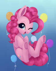 Size: 1668x2124 | Tagged: safe, artist:dusthiel, derpibooru import, pinkie pie, earth pony, pony, balloon, female, gradient background, looking at you, mare, one eye closed, open mouth, open smile, smiling, smiling at you, solo, underhoof, wink, winking at you