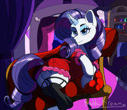 Size: 4600x4000 | Tagged: safe, artist:buddakream, derpibooru import, rarity, pony, unicorn, bathrobe, clothes, fainting couch, female, glowing, glowing horn, horn, robe, solo, stockings, thigh highs