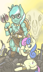 Size: 800x1333 | Tagged: safe, artist:shrimpshogun, derpibooru import, bon bon, lyra heartstrings, sweetie drops, earth pony, pony, unicorn, g4, aftermath, arrow, axe, barbarian, belt, bipedal, blood, blood stains, boots, butt, conan the barbarian, dagger, duo, holding leg, horn, impalement, jewelry, jewels, loincloth, muscles, necklace, parody, scar, serious, serious face, shield, shoes, skull, sword, weapon