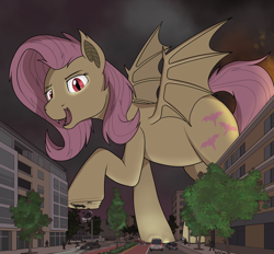 Size: 3358x3111 | Tagged: safe, artist:rapidstrike, derpibooru import, fluttershy, bat pony, pony, series:giant flutterbat, g4, bat ponified, city, destruction, fangs, female, flutterbat, forked tongue, giant bat pony, giant pony, giantess, high res, kitchen eyes, looking at you, macro, mare, race swap, sharp teeth, signature, solo, teeth, tongue, tongue out, underhoof