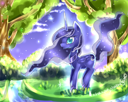 Size: 1500x1200 | Tagged: safe, artist:aquagalaxy, derpibooru import, princess luna, alicorn, pony, g4, ethereal mane, ethereal tail, female, folded wings, glowing, grass, hoof shoes, horn, mare, outdoors, peytral, princess shoes, solo, tail, tree, wings